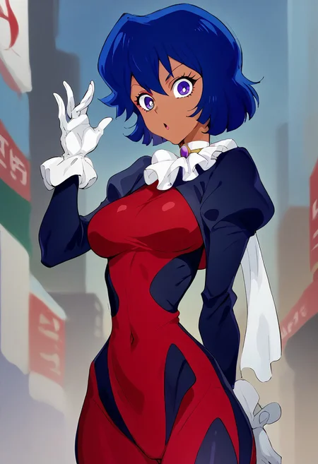 score_9, score_8_up, score_7_up, score_6_up, 2d, cartoon, 1girl, solo, cowboy shot, perfect face, perfect eyes, anime girl, Misty Honey, tanned skin, blue hair, short hair, purple eyes, surprised face, motherly face, shocked, thin waist, slim waist, standing, looking down at viewer, medium breasts, bubble butt, full red bodysuit, white gloves, white boots, white scarf, red and white helmet, upper body focus, city