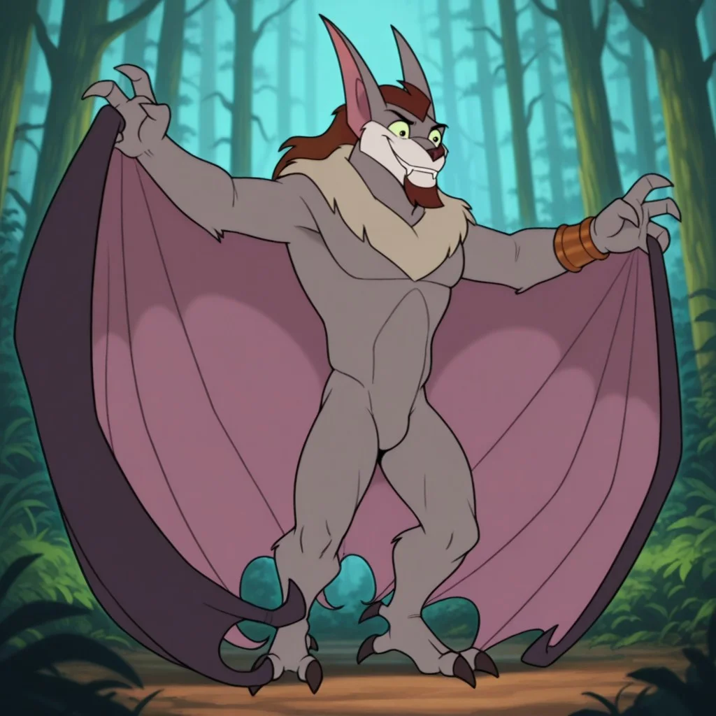masterpiece, best quality, amazing quality, g0th1, male, furry male, semi-anthro, solo, bat, grey fur, two-tone fur, green sclera, black eyes, brown hair, long hair, beige muzzle, brown nose, brown beard, pointed ears, fangs, 2 toes, talons, wings, bronze armband, standing, smile, outdoors, forest
