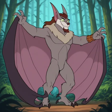 masterpiece, best quality, amazing quality, g0th1, male, furry male, semi-anthro, solo, bat, grey fur, two-tone fur, green sclera, black eyes, brown hair, long hair, beige muzzle, brown nose, brown beard, pointed ears, fangs, 2 toes, talons, wings, bronze armband, standing, smile, outdoors, forest