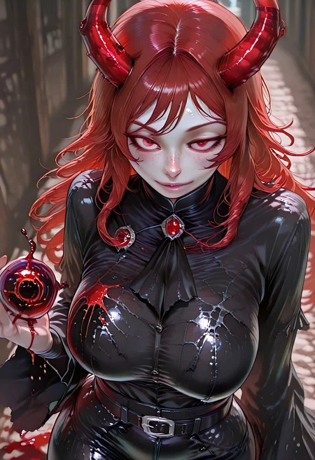 very aesthetic, masterpiece, best quality, highres, absurdres, amazing quality, high resolution, 1girl, solo, medieval background, detailed eyes, perfect eyes, expressive eyes, Expressiveh, vivid colors, realistic lighting, perfect anatomy
Red Eyes, long hair, red hair, pale skin, voluptuous, cellulite, chubby, large breasts, ((uneven eyes)), freckles, lots of freckles, crazy eyes, wide hips
black gloves, sharp fingers, black shirt, button up shirt, button down shirt, black ascot, black frills, buttons, wide sleeve cuffs, black belt, black cuffs, gambeson, black leggings, shiny leather
blurred blood bending horns, liquid horns made of blood stream), blurred fleshy red horns roots, bending blood in the shape of a (swirling orb:1.3), high angle, close-up on hands,reflective blood textures, intense, mystical atmosphere,