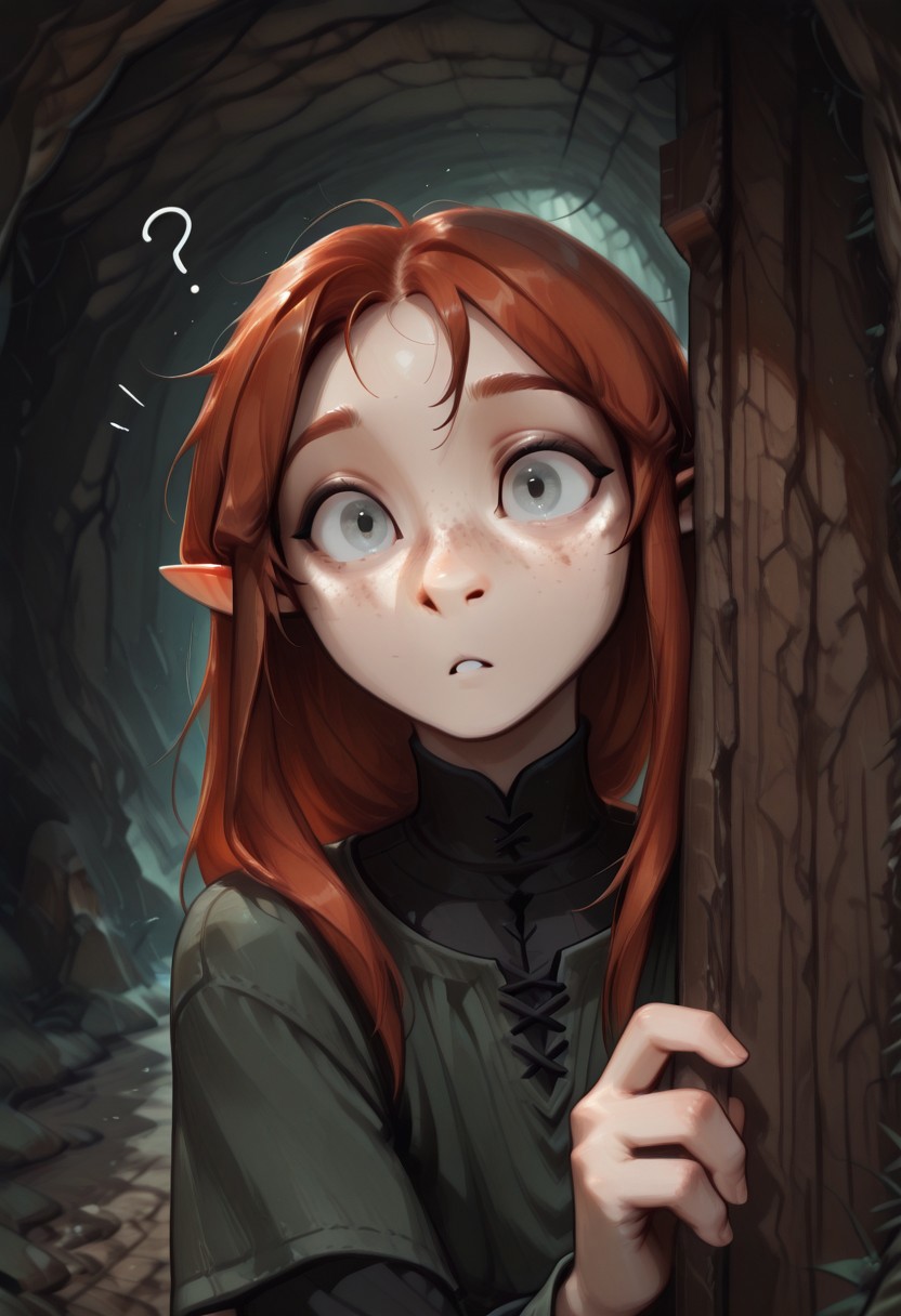 1person, solo, Lapanya, Malgha, freckles, pointy ears, Long-sleeve black shirt, green tunic,
Peeking around corner, peeking out of cavern, curious expression, ?,
Close up,
Underground, organic cavern,
Masterpiece, high quality, highly detailed,