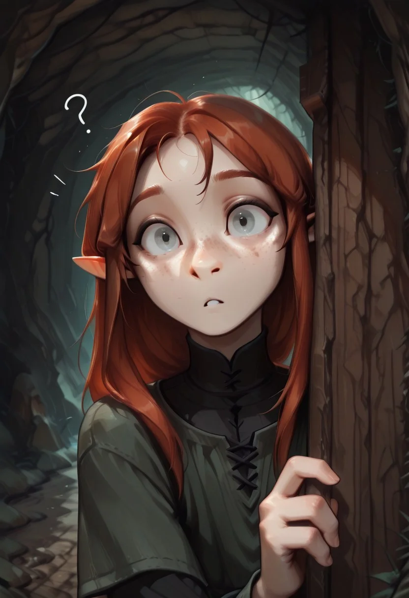 1person, solo, Lapanya, Malgha, freckles, pointy ears, Long-sleeve black shirt, green tunic,
Peeking around corner, peeking out of cavern, curious expression, ?,
Close up,
Underground, organic cavern,
Masterpiece, high quality, highly detailed,