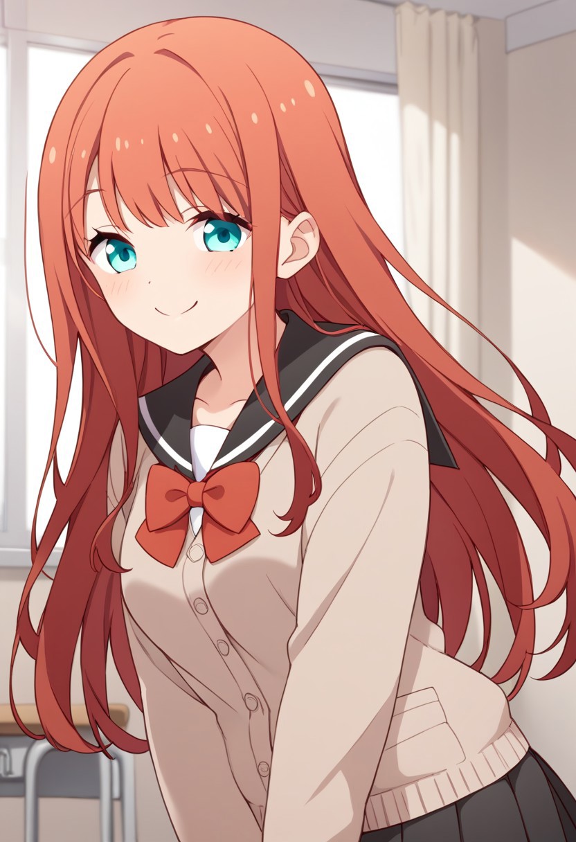 score_9,score_8_up,score_7_up, source_anime, solo, Minagawa yuki, red hair, long hair, aqua eyes, Serafuku, cardigan, long sleeves, red bow, skirt, pleated skirt, smile, closed mouth, perfect breast, school, perfect anatomy