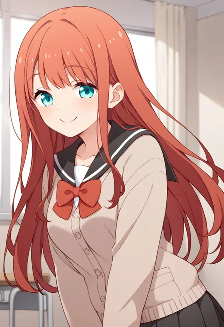 score_9,score_8_up,score_7_up, source_anime, solo, Minagawa yuki, red hair, long hair, aqua eyes, Serafuku, cardigan, long sleeves, red bow, skirt, pleated skirt, smile, closed mouth, perfect breast, school, perfect anatomy