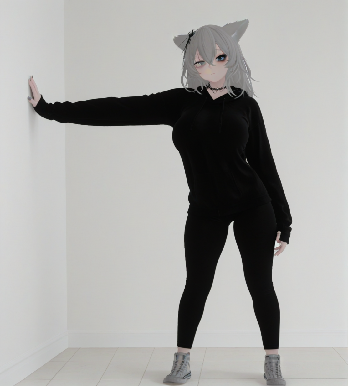 <lora:Mmmm_wolf_girl:1>,1girl, huge breasts, 
Mmmm wolf girl,animal ears,wolf ears,long hair,grey hair,hair between eyes,crossed bangs,grey eyes,heterochromia,
hair ornament,
necklace,
black hoodie,sleeves past wrists,
black pants,
grey sneakers,
very awa, masterpiece, best quality, highres, absurdes,amazing quality,very aesthetic,intricate details, <lora:hand 5.5:1>