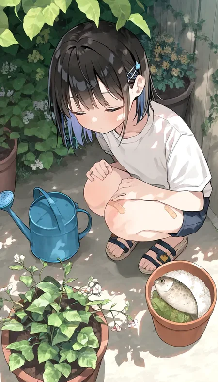 1girl, bandaid, closed eyes, closed mouth, dappled sunlight, flower pot, from above, hairclip, hands on own knees, japanese rice fish, kayari buta, sandals, slice of life, squatting, watering can, white shirt, very awa, very aesthetic, masterpiece, best quality, amazing quality, absurdres