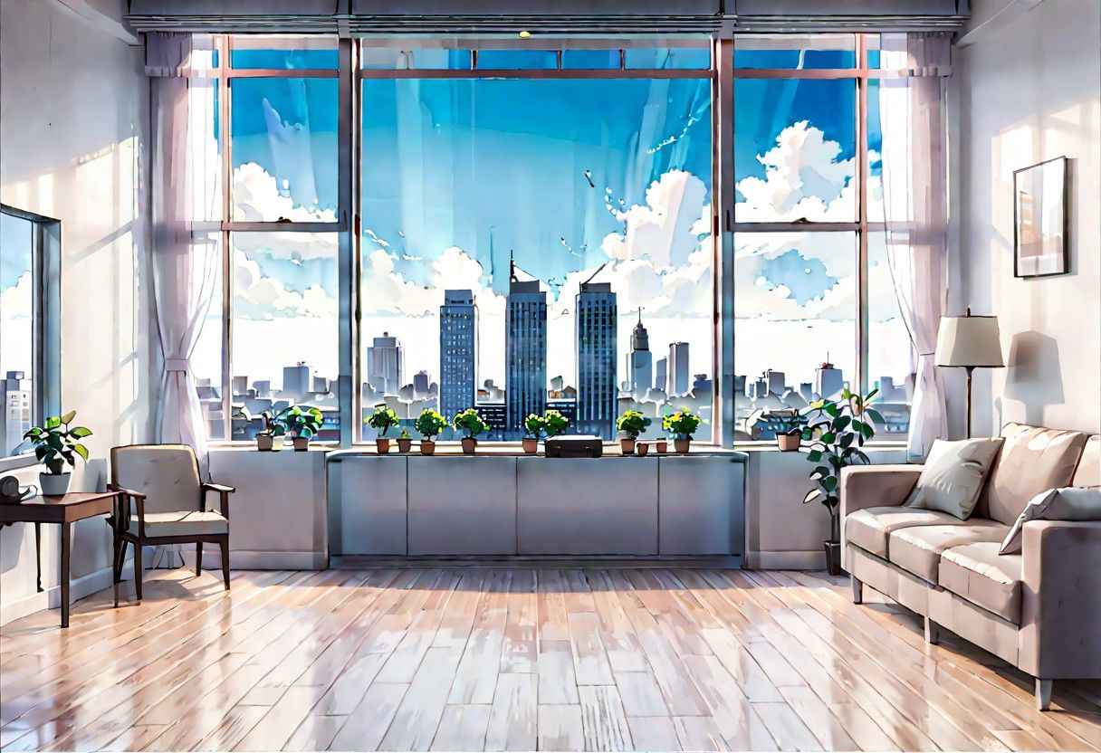 ((((front view)))), Shallow scene, ((animation style)), (((City high-rise building scenery))), ((((City scenery outside the window)))), (Facing the window), (open window), modern-style interior, Wooden floor, with white walls, (large windows), a living room, sofa and coffee table by the window sill, (Behind the sofa is the window sill), noon, clear sky, low saturation