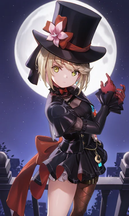 masterpiece, best quality, 1girl, solo, Perfect Hands, iredmayne2, long sleeves, hat flower, top hat, red gloves, black footwear, black dress, asymmetrical legwear, bow, upper body, standing, moon, night sky