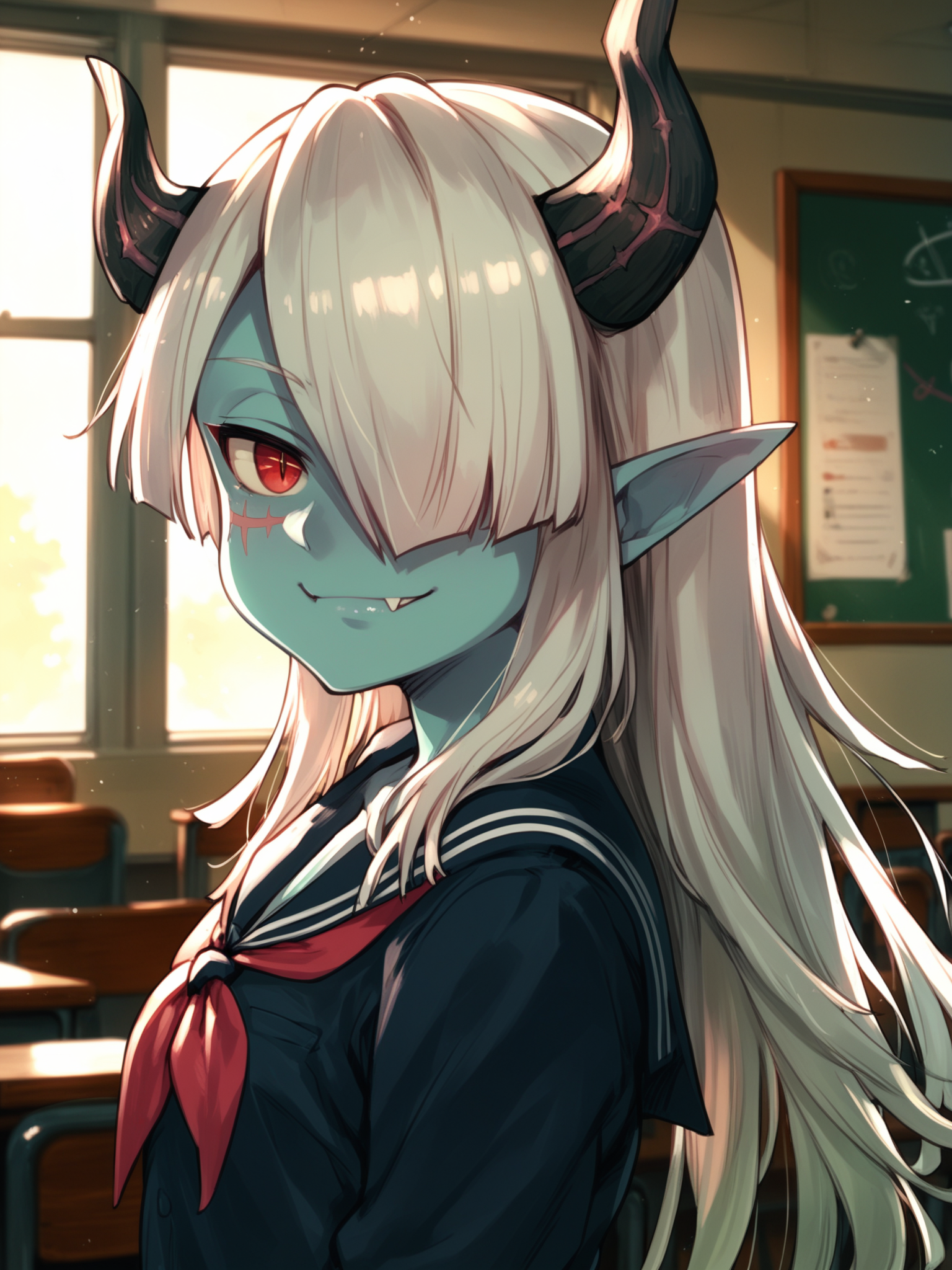 <lora:happy_tentacle-necromancer-v0.3-000037:0.9>, ht_necromancer, colored skin, horns, school uniform, indoors , 1girl, solo, upper body , , ( naughty face :1), , looking at viewer , standing , from side , score_9, score_8_up, score_7_up, score_6_up, score_5_up, score_4_up