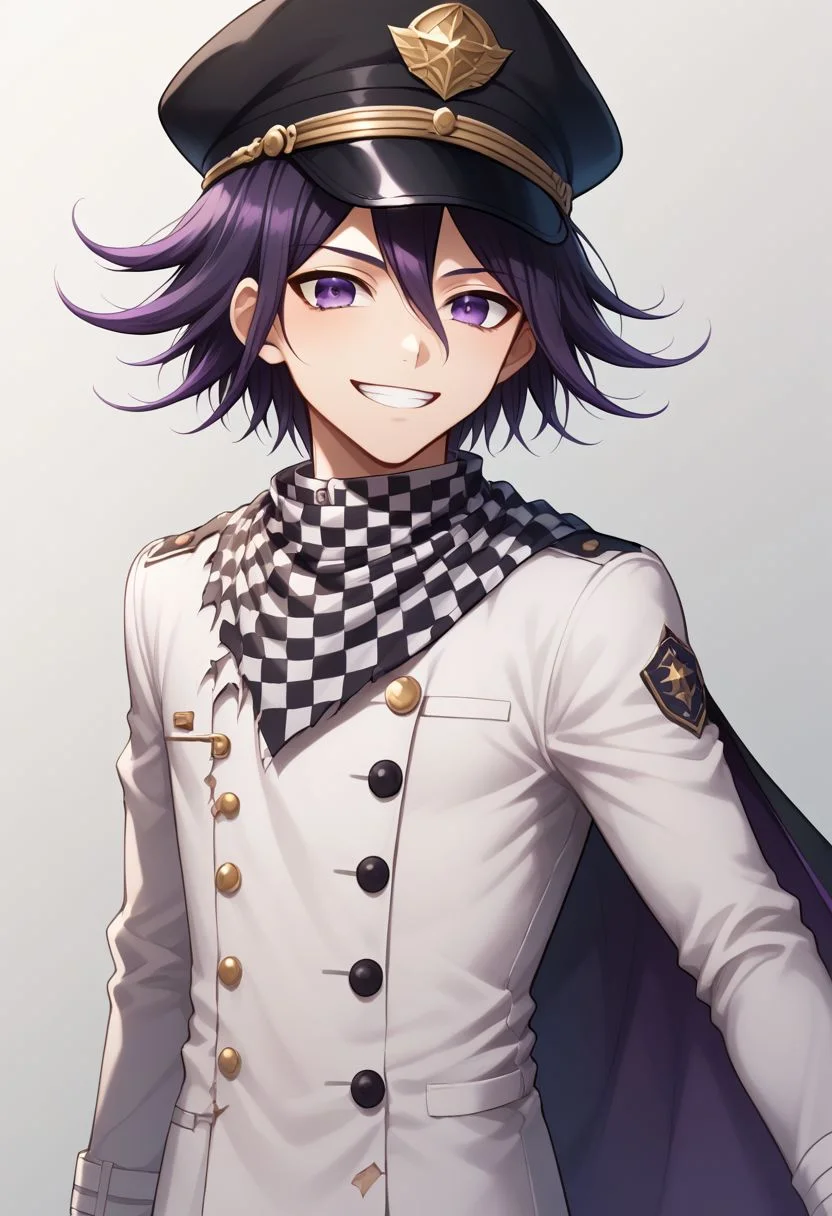 score_9, score_8_up, source_anime, highly detailed, 1boy, solo, skinny, cute, short,
kokichi, male focus, 1boy, solo, smile, checkered clothes, checkered scarf, grin, scarf, purple eyes, bangs, straitjacket, purple hair, upper body,
cape, hat, torn cape, peaked cap,
indoor,