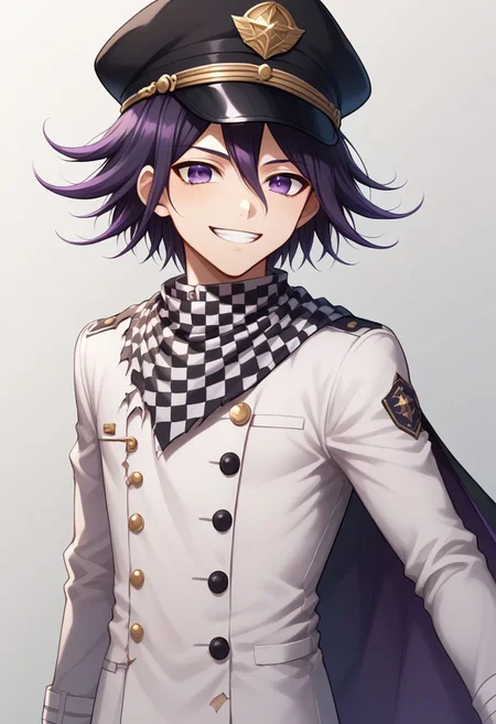 score_9, score_8_up, source_anime, highly detailed, 1boy, solo, skinny, cute, short,
kokichi, male focus, 1boy, solo, smile, checkered clothes, checkered scarf, grin, scarf, purple eyes, bangs, straitjacket, purple hair, upper body,
cape, hat, torn cape, peaked cap,
indoor,