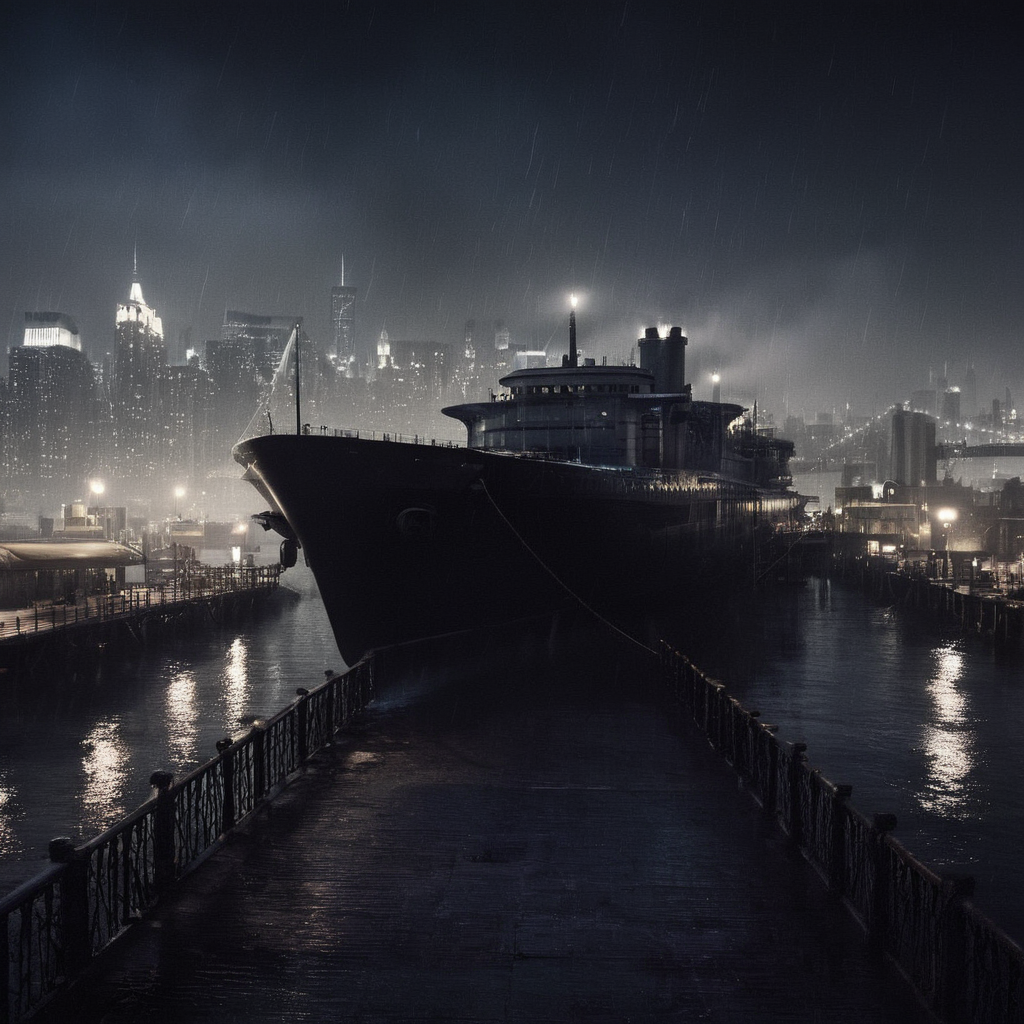 cinematic film still of  <lora:perfection style:0.6>
 <lora:gotham city style v2:0.8>
 <lora:Chiaroscuro Lighting Style:0.6>
Gotham City a large ship is docked at a dock Gotham City Style,water,no humans,night,ocean,scenery,stairs,railing,watercraft,bridge,ship,warship,dock , detailed, real, different, unique, cinematic, dramatic, concept art, filmic, detailed background, detailed settings, artstation, gothic New York, gotham city style, shallow depth of field, vignette, highly detailed, high budget, bokeh, cinemascope, moody, epic, gorgeous, film grain, grainy