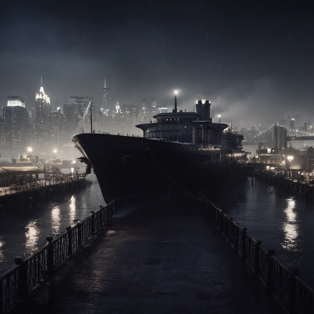 cinematic film still of <lora:perfection style:0.6>
<lora:gotham city style v2:0.8>
<lora:Chiaroscuro Lighting Style:0.6>
Gotham City a large ship is docked at a dock Gotham City Style,water,no humans,night,ocean,scenery,stairs,railing,watercraft,bridge,ship,warship,dock , detailed, real, different, unique, cinematic, dramatic, concept art, filmic, detailed background, detailed settings, artstation, gothic New York, gotham city style, shallow depth of field, vignette, highly detailed, high budget, bokeh, cinemascope, moody, epic, gorgeous, film grain, grainy