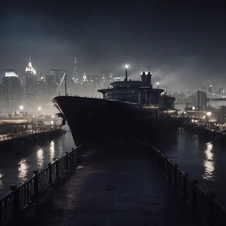 cinematic film still of <lora:perfection style:0.6>
<lora:gotham city style v2:0.8>
<lora:Chiaroscuro Lighting Style:0.6>
Gotham City a large ship is docked at a dock Gotham City Style,water,no humans,night,ocean,scenery,stairs,railing,watercraft,bridge,ship,warship,dock , detailed, real, different, unique, cinematic, dramatic, concept art, filmic, detailed background, detailed settings, artstation, gothic New York, gotham city style, shallow depth of field, vignette, highly detailed, high budget, bokeh, cinemascope, moody, epic, gorgeous, film grain, grainy