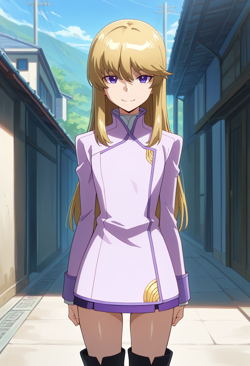 masterpiece, best quality, amazing quality, very aesthetic, absurdres, newest, illustration, perfect composition, intricate details, highres, anime coloring, general, 1girl, solo, (cowboy shot:1.2), keiww, purple eyes, blonde hair, long hair, bangs, hair between eyes, sidelocks, flat chest, keidress, long sleeves, purple mini skirt, black knee boots, looking at viewer, smile, outdoors, day, shiny body, shiny skin, skindentation, clear skin, shiny hair, ultra detailed eyes, depth of field, sharp, intricate details, hyperdetailed, ultra-detailed, detailed clothing folds, high contrast, dynamic light <lora:Kugimiya_Kei_Majestic_Prince_ill:1>