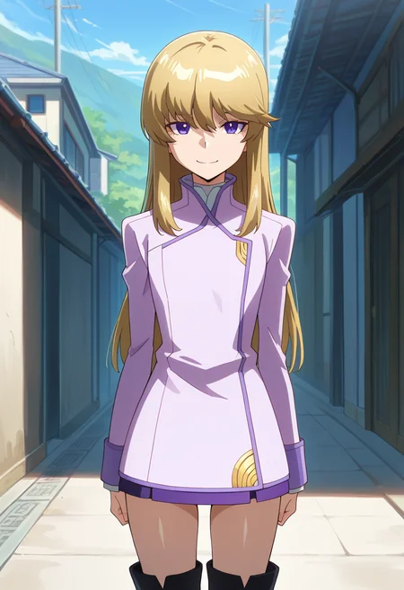 masterpiece, best quality, amazing quality, very aesthetic, absurdres, newest, illustration, perfect composition, intricate details, highres, anime coloring, general, 1girl, solo, (cowboy shot:1.2), keiww, purple eyes, blonde hair, long hair, bangs, hair between eyes, sidelocks, flat chest, keidress, long sleeves, purple mini skirt, black knee boots, looking at viewer, smile, outdoors, day, shiny body, shiny skin, skindentation, clear skin, shiny hair, ultra detailed eyes, depth of field, sharp, intricate details, hyperdetailed, ultra-detailed, detailed clothing folds, high contrast, dynamic light <lora:Kugimiya_Kei_Majestic_Prince_ill:1>