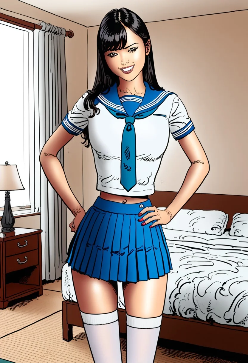 score_9, score_8_up, score_7_up, score_6_up,  (chiaroscuro lighting)  source_cartoon, cartoon, (f3rn4nd0:1.3), (line art).  BREAK. 
((japanese woman:2),, F3rAs1@ , black hair, long hair, asian woman, adult woman, youngish, beautiful woman,  (very wide hip), thin thighs, thigh gap, sexy, face focus, cute face, very detailed facial features, perfect nose, extremely detailed eyes, extremely detailed iris, realistic eyes, medium breasts, school uniform, thighhighs, pleated skirt, blue skirt, bangs, midriff, pleated skirt, sailor collar, necktie, serafuku,smiling, looking at viewer, one hand on hips, )
solo, (bedroom:2),