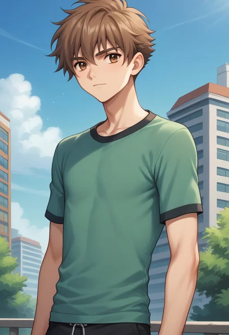 score_9, score_8_up, score_7_up, source_anime, highly detailed, 
shaoran, brown eyes, brown hair, male focus, sky, 1boy, solo, day, cloud, shirt, white shirt, drawstring, green shirt, pants, upper body, slender, skinny, raglan sleeves,
outdoor, sky, buildings,