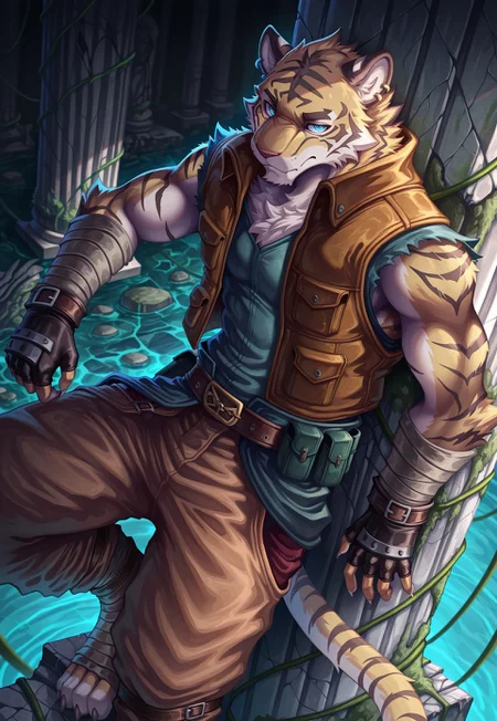 nurinaki, from above, cowboy shot, dutch angle, masterpiece, best quality, amazing quality, 1boy, solo, bara, muscular, furry male, tiger boy, blue eyes, ear piercing, claws, perched on crumbling stone pillar, high vantage point, resting after a jump, ancient ruins, overgrown ruins, moss-covered stones, cracked architecture, looking at viewer, sharp gaze, serious look, rugged adventurer outfit, sleeveless jacket, fingerless gloves, utility belt, loose pants, knee wraps, leather straps, travel gear, one leg bent, one leg dangling, gentle breeze, dappled sunlight through broken arches, soft glow, vines creeping over walls, shattered statues