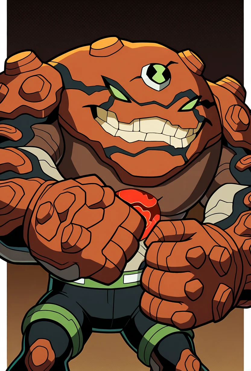 <lora:gravitack-10:1> gravitack, crooked teeth, 1boy, armor, monster, green eyes, solo, massive arms, big hands, zoomed out, brown background, facing viewer, smiling, black pants, green belt, pose, punching, masterpiece, best quality, amazing quality, very aesthetic, absurdres, newest,, upper body, halftone effect, white borders, abstract background:1.2,