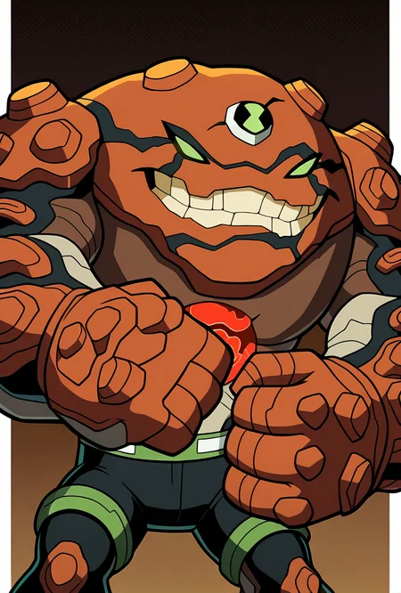 <lora:gravitack-10:1> gravitack, crooked teeth, 1boy, armor, monster, green eyes, solo, massive arms, big hands, zoomed out, brown background, facing viewer, smiling, black pants, green belt, pose, punching, masterpiece, best quality, amazing quality, very aesthetic, absurdres, newest,, upper body, halftone effect, white borders, abstract background:1.2,
