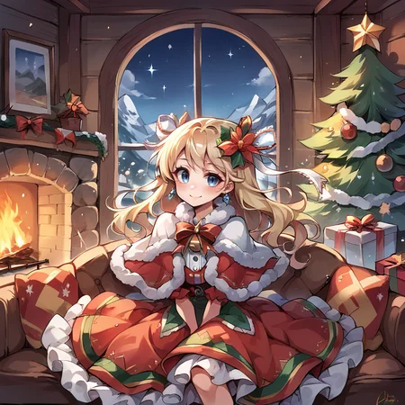 (score_9, score_8_up, score_7_up), source anime, <lora:backgroundsetXL:0.2> , background, indoor, interior, winter, log cabin, fireplace, sparkles, glitter, fairies, christmas, mountain, BREAK
<lora:Priscilla:0.6> , prdef, 1girl, blonde hair, blue eyes, long hair, hair ornament, hair ribbon, white hair ribbon, neck ribbon, yellow neck ribbon, hair flower, earrings, capelet, fur-trimmed capelet, dress, red dress, layered dress, frilled dress, red sleeves, white shirt, frills, upper body, ruffles, lace, smile, sitting in sofa, christmas (theme), perfect hands, arms at sides, looking at viewer, <lora:3th3r34lXLP:0.5> , 3th3r34l,