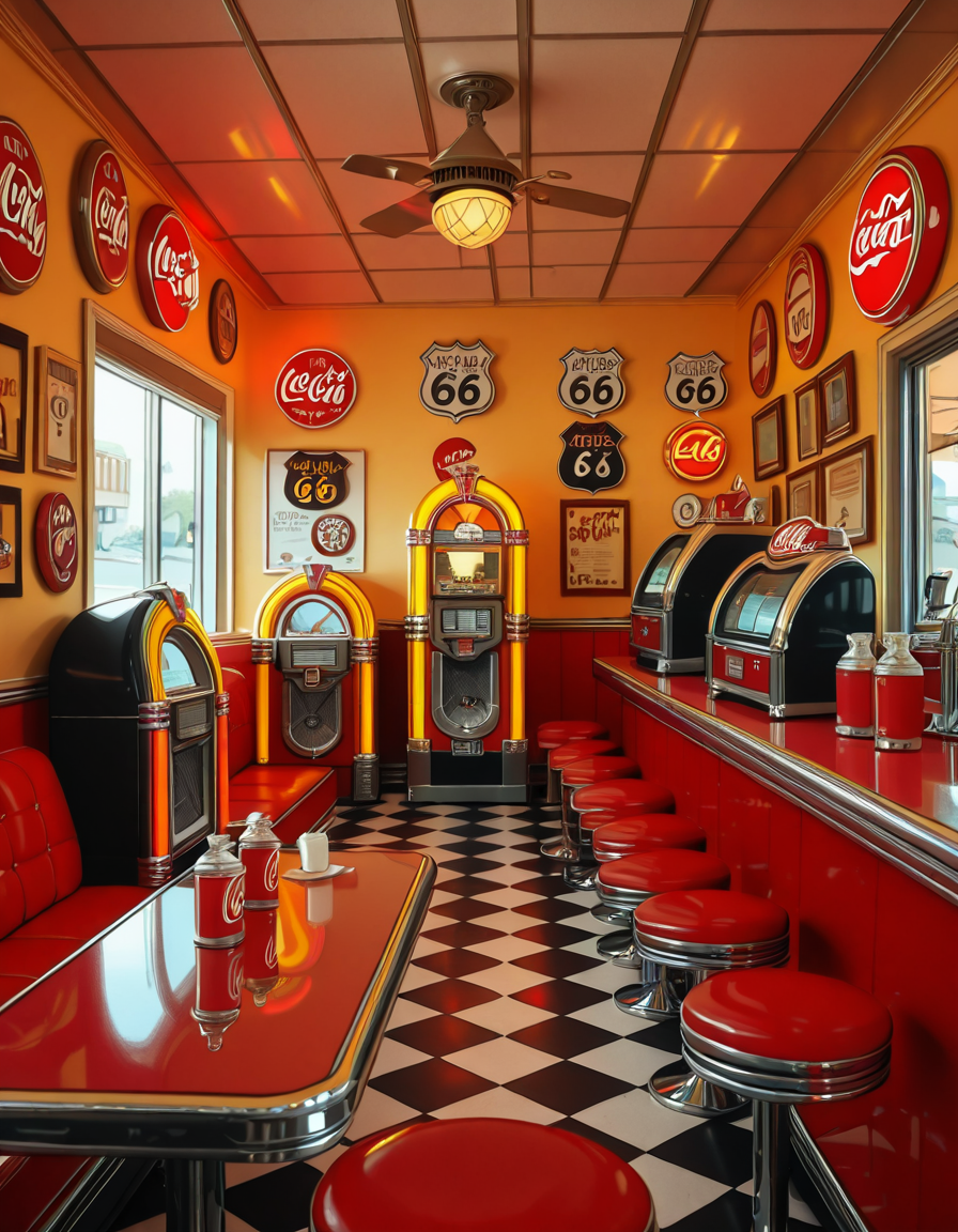 A classic 1950s American diner with a nostalgic retro atmosphere. The interior features red and white leather booth seating, chrome-trimmed tables, and a long counter with matching red barstools. A vintage jukebox with colorful neon lights stands against the wall, ready to play rock 'n' roll hits. The checkered black-and-white floor contrasts with pastel-colored walls adorned with Coca-Cola signs, Route 66 memorabilia, and classic diner menus. A row of shiny chrome napkin dispensers and glass salt and pepper shakers sit neatly on the tables. A milkshake machine and an old-fashioned soda fountain rest behind the counter, next to a vintage cash register. Large windows let in soft daylight, reflecting off the gleaming surfaces, creating a warm and inviting retro ambiance.
<lora:SDXLFaeTastic2400:0.4> <lora:extremely_detailed:0.4> extremely detailed,1950s American d1n3r, <lora:1950s_American_d1n3r-i:1>, Masterpiece,best quality,hi res,8k,hi res,8k,award winning,(sharp focus, intricate, highly detailed),