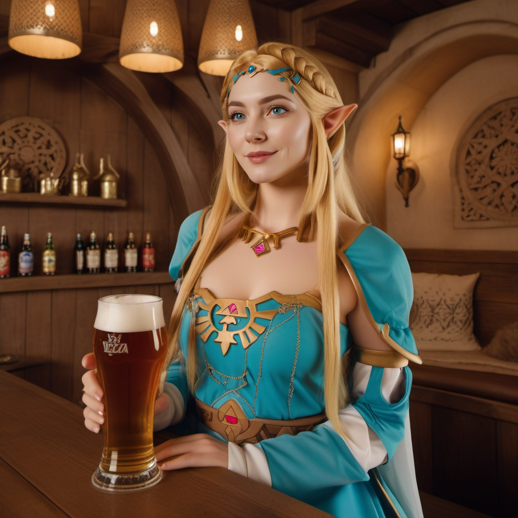 cinematic photo princesse zelda,  pointy ears, blue eyes, long blond hair, detached sleeves,dress, navel, having a beer in a pub  <lora:Zelda1024:0.8> . 35mm photograph, film, bokeh, professional, 4k, highly detailed