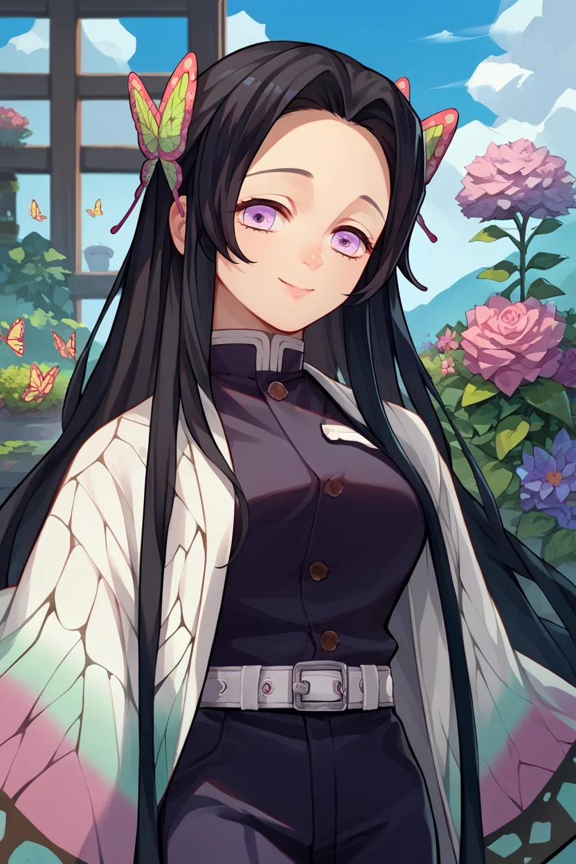 score_9, score_8_up, score_7_up, score_6_up, source_anime, 1girl, solo, <lora:dskanae-pdxl-nvwls-v1-000005:1> dsKanae, black hair, long hair, butterfly hair ornament, black shirt, white coat, wide sleeves, white belt, black pants, breasts, smile, looking at you, blue sky, garden, upper body