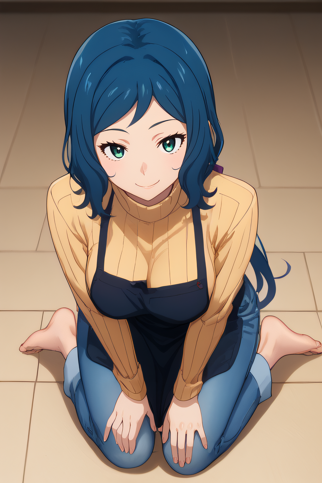 score_9, score_8_up, score_7_up, source_anime, rating_safe, intricate details, anime screencap, official style, <lora:iori-rinko-ponyxl-lora-nochekaiser:1>, iori rinko, blue hair, blue eyes, sidelocks, apron, denim, jeans, long hair, pants, ribbed sweater, sweater, turtleneck, kneeling, full body, smile, hands on knees, fronal view, from above, (five fingers:1.2), naughty face, large breasts, barefeet, looking at viewer, <lora:A_Vivid_PonyDif:1>, vividpony, indoor