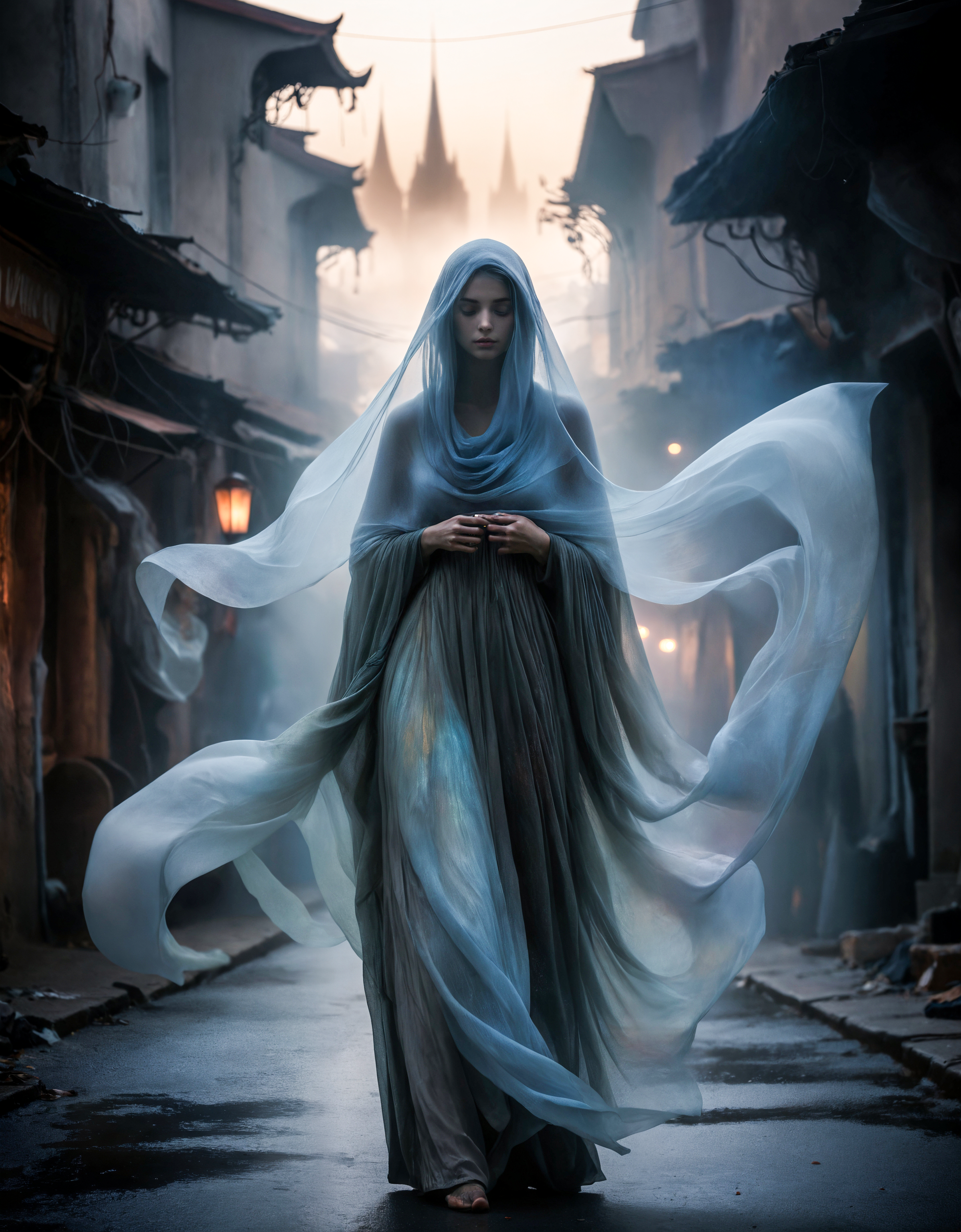 misty cityscape, the image portrays a mysterious figure cloaked in layers of flowing, iridescent fabric that shifts and shimmers in the flickering light of lanterns and streetlamps. the cityscape behind them is a blend of ancient architecture and industrial decay, with crumbling spires and twisted metal pipes tangled together in mid air. the overall mood of the image is one of enchantment and foreboding." . magnificent, celestial, ethereal, painterly, epic, majestic, magical, fantasy art, cover art, dreamy