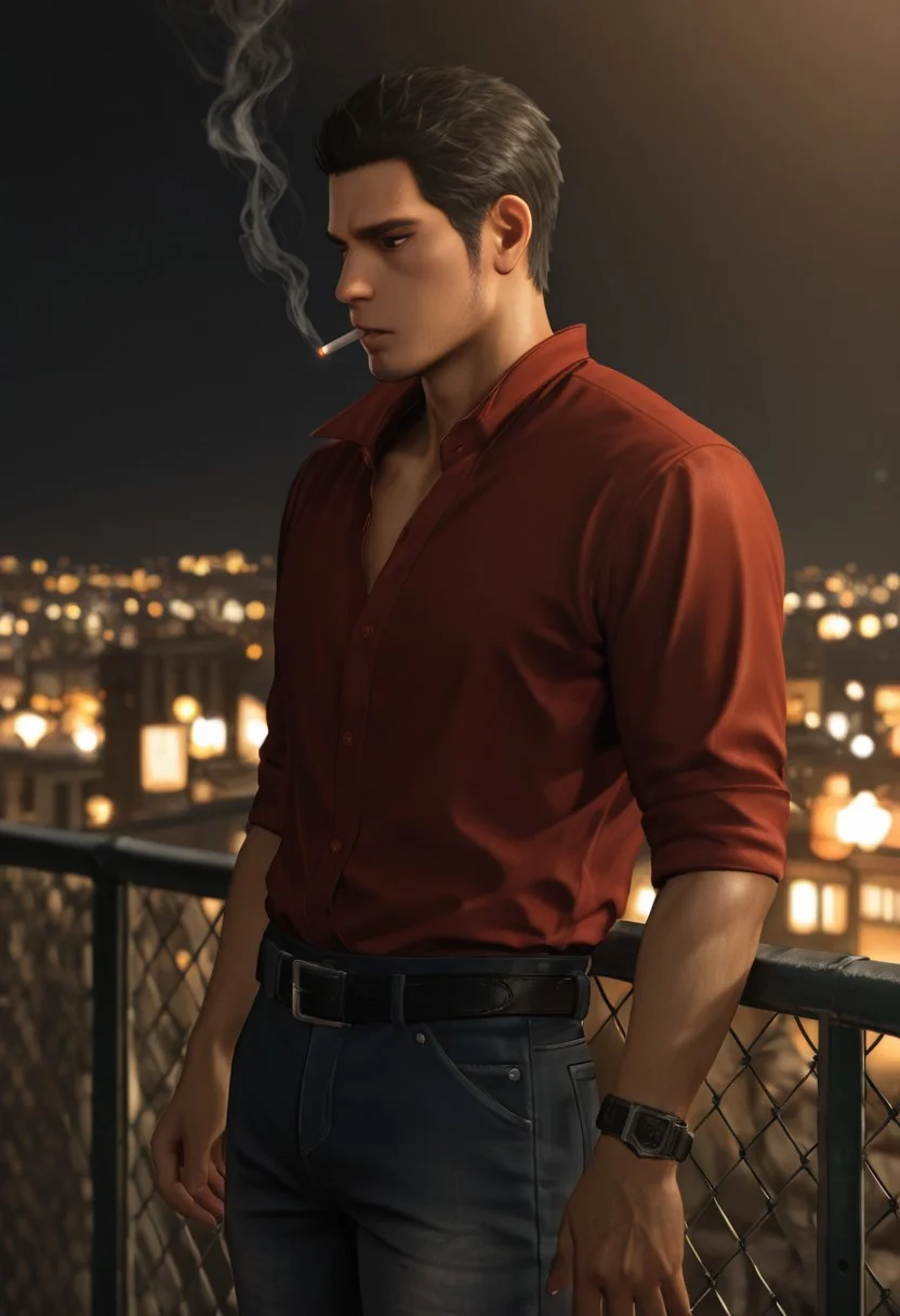 masterpiece, best quality, amazing quality, absurdres, newest, blurry background, definition so sharp, Ultra-HD, 8K cinematic, very awa, impressionate, amazing quality, highres, realistic,
solo, male focus, manly, night, city light, rooftop,
kiryuchan, kiryuchan_black hair, kiryuchan_black eyes, 1boy, solo, male focus, short hair, facial hair, sideburns, red collared shirt, partially unbuttoned, black belt, jeans, smoking, smoke, against fence, standing, looking far away