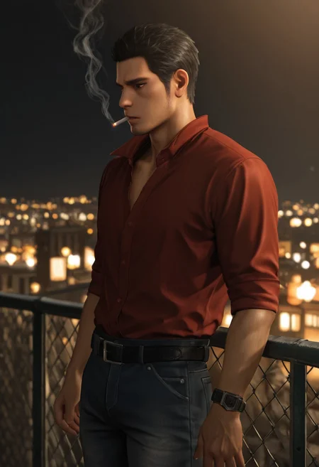 masterpiece, best quality, amazing quality, absurdres, newest, blurry background, definition so sharp, Ultra-HD, 8K cinematic, very awa, impressionate, amazing quality, highres, realistic,
solo, male focus, manly, night, city light, rooftop,
kiryuchan, kiryuchan_black hair, kiryuchan_black eyes, 1boy, solo, male focus, short hair, facial hair, sideburns, red collared shirt, partially unbuttoned, black belt, jeans, smoking, smoke, against fence, standing, looking far away