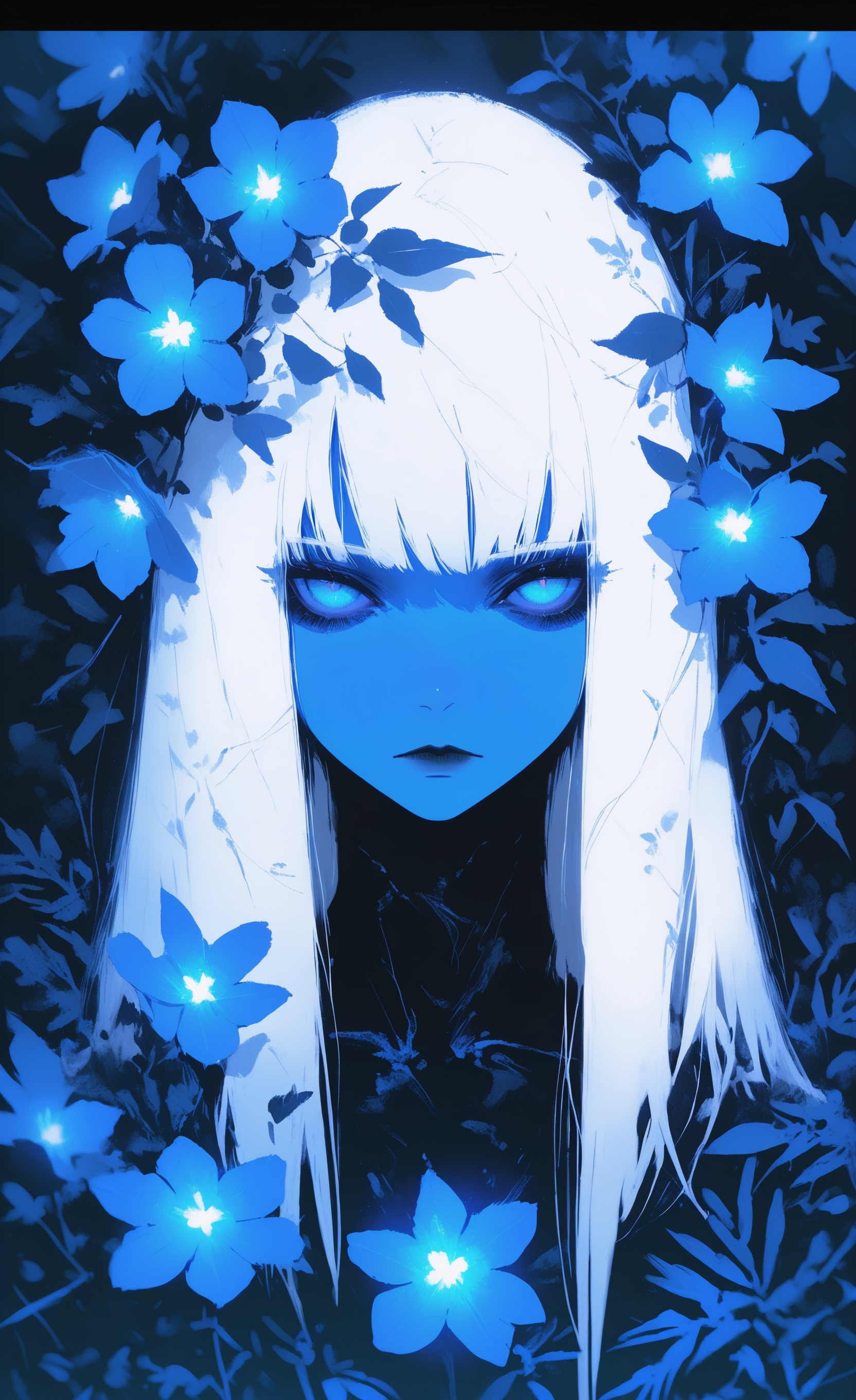 masterpiece, best quality, amazing quality, highres, 1girl, solo, long hair, looking at viewer, blue eyes, closed mouth, upper body, white hair, flower, colored skin, expressionless, leaf, plant, letterboxed, blue flower, blue theme, GTHAN, glowing, xxx667_illu, <lora:illustriousXL_stabilizer_v1.23:0.3> <lora:NOOB_vp1_detailer_by_volnovik_v1:0.3> <lora:ponyv6_noobE11_2_adamW-000017:0.45> <lora:XXX667:0.5> <lora:GTHAN-IL:0.8>
