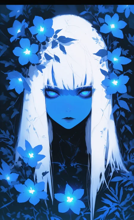 masterpiece, best quality, amazing quality, highres, 1girl, solo, long hair, looking at viewer, blue eyes, closed mouth, upper body, white hair, flower, colored skin, expressionless, leaf, plant, letterboxed, blue flower, blue theme, GTHAN, glowing, xxx667_illu, <lora:illustriousXL_stabilizer_v1.23:0.3> <lora:NOOB_vp1_detailer_by_volnovik_v1:0.3> <lora:ponyv6_noobE11_2_adamW-000017:0.45> <lora:XXX667:0.5> <lora:GTHAN-IL:0.8>