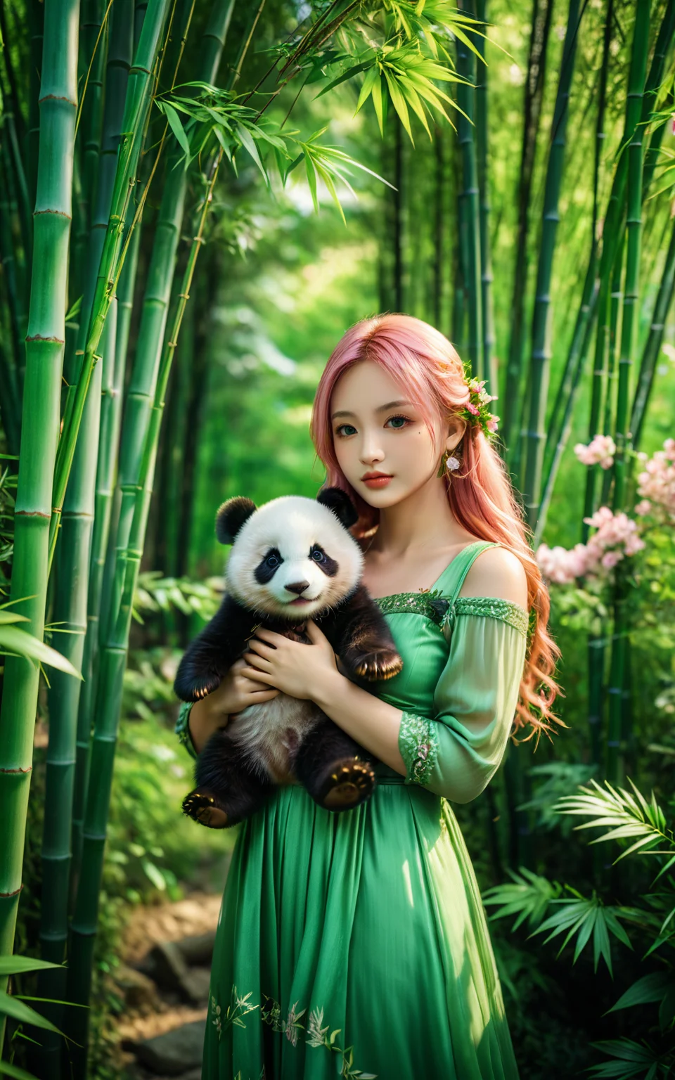 <lora:yuukananri-base-02-XL:0.7>,upper_body,yuukananri,1girl with long pink hair,green eyes,wearing an elegant green long dress,holding her baby panda in her arms,standing in a lush bamboo forest surrounded by vibrant flowers and greenery,realistic photography style,cinematic photo peering through the trees with depth of field blurring effect,natural light,35mm photograph,film,professional,4k,highly detailed,Golden hour lighting,Depth of field F2,Rule of Thirds Composition,best quality,ultra-detailed,masterpiece,Cinematic Lighting,<lora:detailed_notrigger:1>,<lora:xl_more_art-full_v1:0.7>,