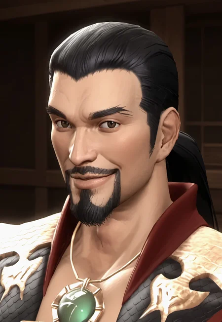 safe_pos, safe_pos, score_9, score_8_up, score_7_up, rating_nsfw, ultra hd, absurdres, solo, 1boy, masterpiece, best quality, best aesthetic, Expressiveh, wolfconf,

MK9ShangTsung, black hair, beard, necklace, armor, ponytail, portrait, headshot, looking at viewer, smile, dojo background