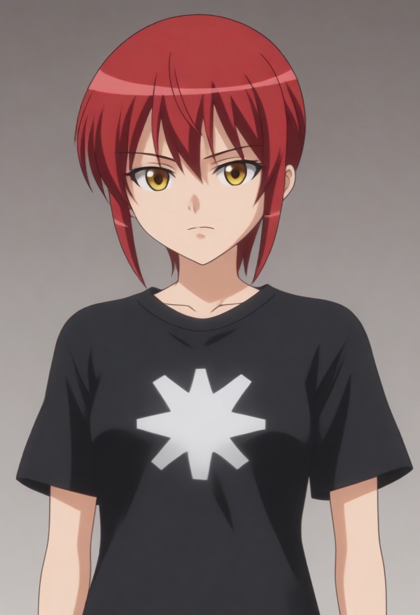 source_anime, anime screencap, source_anime, auratheguillotine, anime screencap, masterpiece, source_anime, shiny skin,,,,,,black t-shirt,1girl, solo, rza, red hair, yellow eyes,