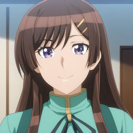 otonashi_hibiki, 1girl, solo, brown hair, purple eyes, brown hair, hair ornament, smile, hairclip, school uniform, smile, looking at viewer, <lora:Otonashi_Hibiki:1>