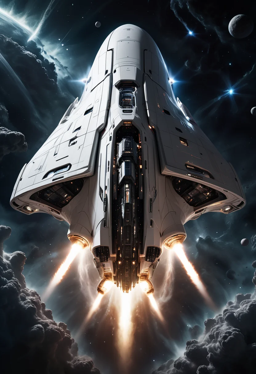 (medium full shot) of (formidable gigantic white spaceship) with reinforced-steel hull, antimatter propulsion, elegant curves, crystal spires, set in a dark, foreboding nebula, where shadows and light play tricks on the eyes, the spaceship cautiously moving through the mysterious region, during a cosmic storm, ,Masterpiece,best quality, raw photo, realistic, very aesthetic, dark