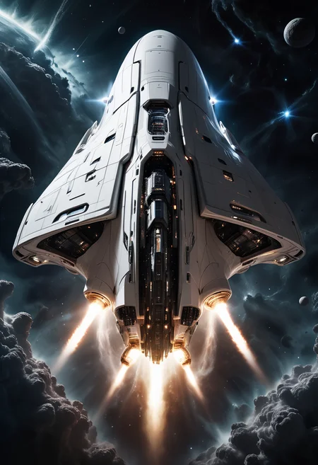 (medium full shot) of (formidable gigantic white spaceship) with reinforced-steel hull, antimatter propulsion, elegant curves, crystal spires, set in a dark, foreboding nebula, where shadows and light play tricks on the eyes, the spaceship cautiously moving through the mysterious region, during a cosmic storm, ,Masterpiece,best quality, raw photo, realistic, very aesthetic, dark