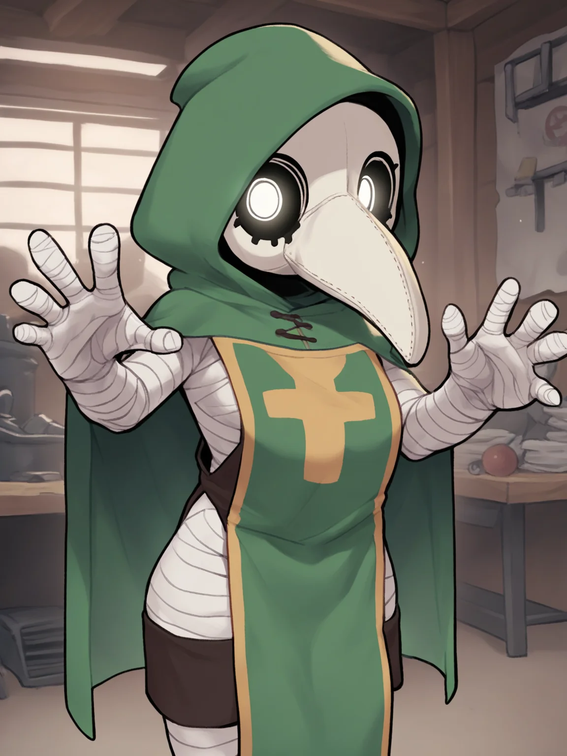 score_9, score_8_up, score_7_up, score_6_up, score_5_up, score_4_up, source_anime, source_furry, digital media \(artwork\), by ywu, 1girl, plague doctor, mask, beak mask, clothed, clothing, fully clothed, (tabard:1.2), female, hood, solo, standing, topwear, detailed background, workshop, tabard, wraps, bandage, looking at viewer, open mouth, green cape, white eyes, open mouth, happy, talking to viewer,
<lora:plaguedoctor_pdxl_:1>