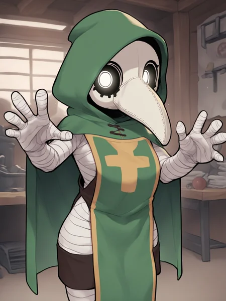 score_9, score_8_up, score_7_up, score_6_up, score_5_up, score_4_up, source_anime, source_furry, digital media \(artwork\), by ywu, 1girl, plague doctor, mask, beak mask, clothed, clothing, fully clothed, (tabard:1.2), female, hood, solo, standing, topwear, detailed background, workshop, tabard, wraps, bandage, looking at viewer, open mouth, green cape, white eyes, open mouth, happy, talking to viewer,
<lora:plaguedoctor_pdxl_:1>