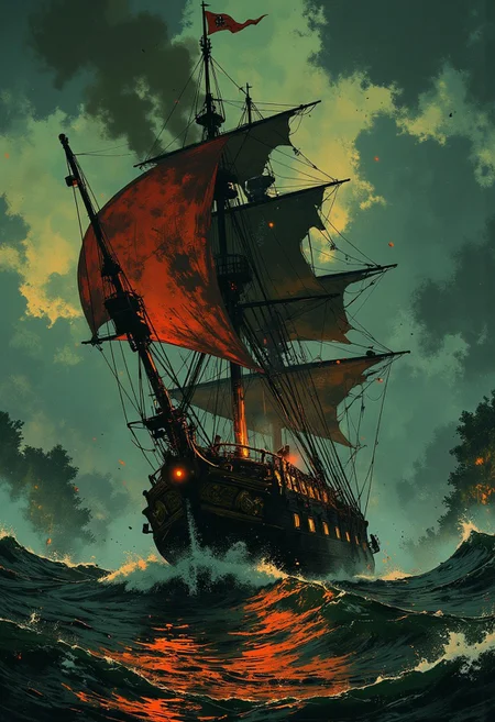 a pirate ship, jolly roger flag, rigging and sails,
sailing in a tropical storm, high waves, mythp0rt
