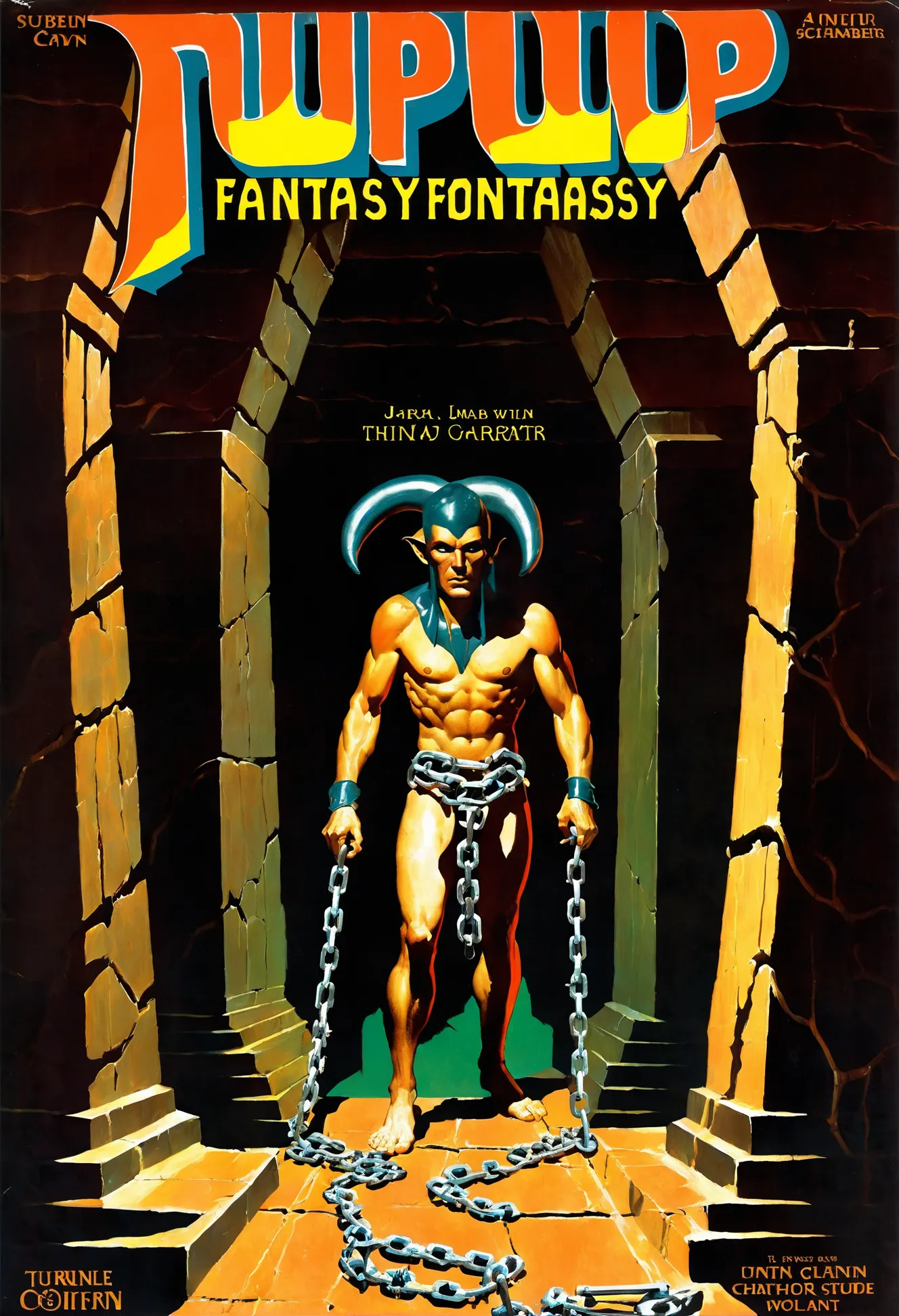 pulp fantasy art, monster,man in chains,torture chamber, Sphinx's Riddle Canyon, <lora:EnvyPulpFantasyXL01:1:1:lbw=ALL>