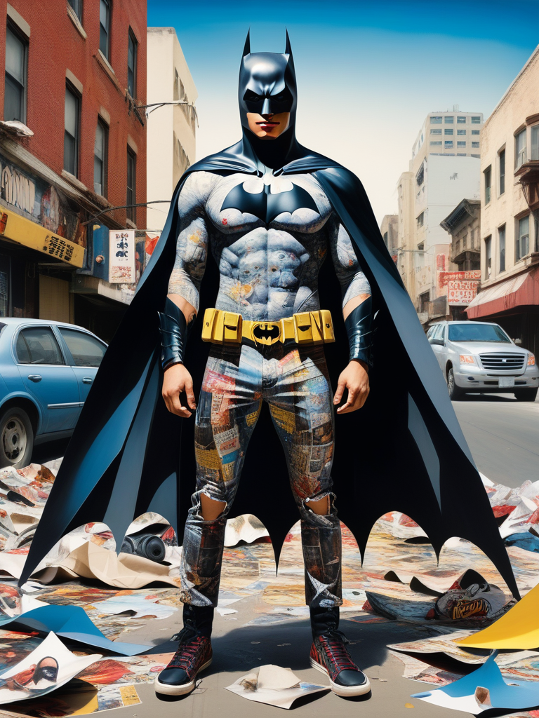 <lora:11VisualArt_Hap_XL:1.5>,Sandra Chevrier style,collage,torn paper effect ,pop art, comic book, Batman, Robin, superhero, East Asian man, 20 years old, standing, full shot on a strewn street, shoes included, highly realistic with intricate facial features, clothing details, surrounding urban environment, image warped, twisted body, face, warped street, age, ethnicity distinct, conveys disorientation, surrealism, blend of realism, artistic exaggeration, digital painting, ultra clear, cinematic.