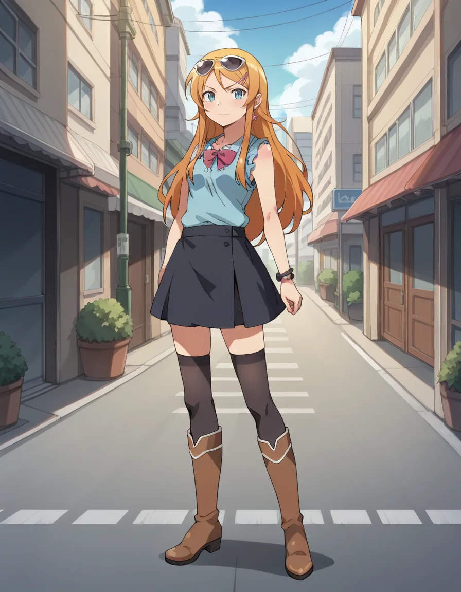 score_9, score_8_up, score_7_up, score_6_up, score_5_up, score_4_up, source_anime, anime screencap, BREAK 1girl, solo, standing, outdoors, street, tokyo,
<lora:Kousaka_Kirino_Pony:1> kousaka_kirino, orange hair, long hair, blue eyes, hairclip, kirino_out, blue top, sleeveless, sunglasses, eyewear on head, earrings, black skirt, black thighhighs, frills, brown boots, knee boots, zettai ryouiki,