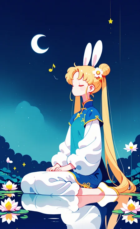 masterpiece,best quality,amazing quality, tsukino usagi,
1girl, solo, long hair, hair ornament, dress, animal ears, very long hair, sitting, twintails, blonde hair, closed eyes, flower, sky, white dress, hair bun, water, rabbit ears, from side, blue dress, night, chinese clothes, wariza, moon, white flower, star \(sky\), night sky, musical note, reflection, crescent moon, lily pad, lotus, aqua theme, haiz_ai, in the style of cknc,
Flatline, Flat vector illustration <lora:ponyv6_noobE11_2_adamW-000017:0.3> <lora:checkpoint-e18_s306:1.5> <lora:ck-nc-cyberpunk-IL-000011:0.6> <lora:haiz_ai_illu:0.7>