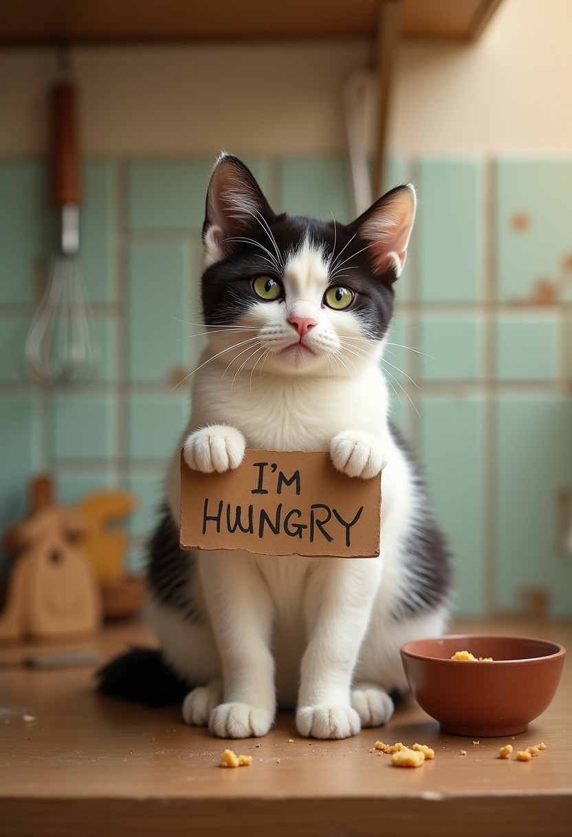 In a cozy kitchen, an  white and black cat ucat sits on a wooden countertop, its rich fur shimmering under warm light. With piercing green eyes, it glares, holding a hand-painted sign that reads, "I'm hungry," slightly askew in its paws.
Behind it, scattered cooking utensils—a whisk and a wooden spoon—hint at its earlier discontent. The pastel-colored tiles and the lingering aroma of baked goods add warmth to the scene. An empty bowl with stray crumbs nearby emphasizes the cat's plight, creating a relatable and memorable moment that showcases its personality.