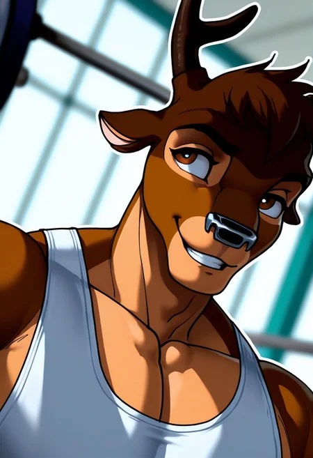 <lora:Bambi_KappaX:1>, bambi, kappaX, deer, antlers, light brown fur, brown eyes, perfecteyes, short hair, furry male, furry, solo, 1boy, anthro, muscular, bara, athletic build, large pectorals, beautiful, hyper-detailed, depth of field, highres, absurdres, HD, very aesthetic, high sharpness, beautiful vibrant colors, dynamic angle, semi-realistic lighting, detailed background, gym, white tank top, dolphin shorts, face focus, close up, portrait, smile, teeth, (artist:syuro:0.8), (artist:nomax:0.5), (artist:honovy:0.6), (artist:kenket:0.6), (artist:taran fiddler:0.6)